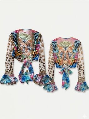 Colorful Mixed-Print Tie-Front Top - Multicolor